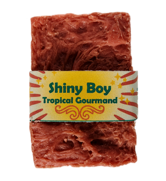 Coral-rose handmade soap bar with swirled rustic texture, wrapped in a vintage carnival-style yellow and cream band reading "Shiny Boy – Tropical Gourmand"