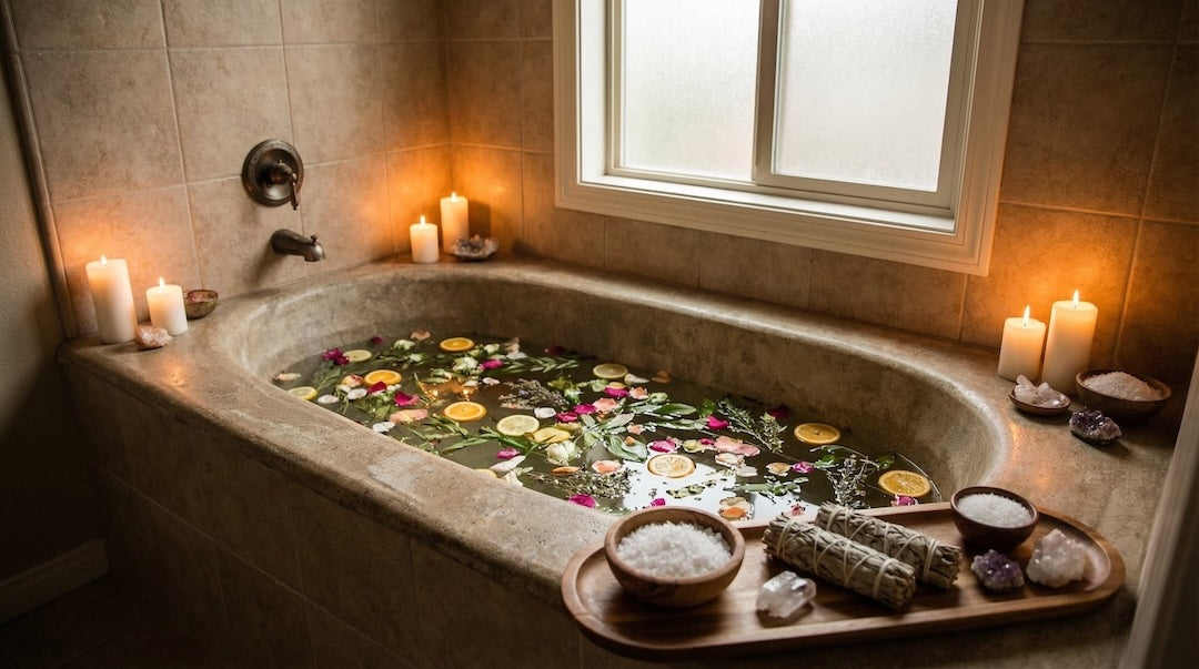 Bathtub with herbs, flowers, soap tray, candles in a soothing bathroom