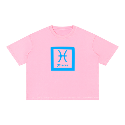 Pisces Zodiac Mineral Wash Boxy T-Shirt - Oversized Heavyweight Cotton Tee