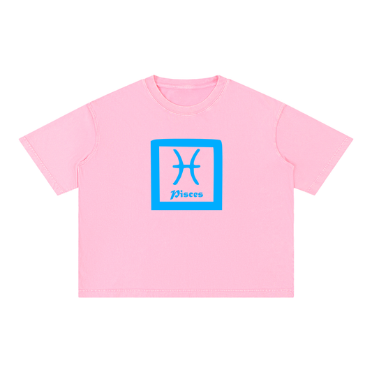 Pisces Zodiac Mineral Wash Boxy T-Shirt - Oversized Heavyweight Cotton Tee