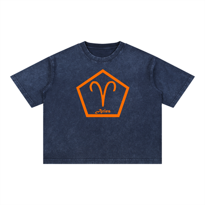 Aries Zodiac Mineral Wash Boxy T-Shirt - Oversized Heavyweight Cotton Tee