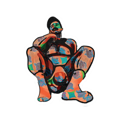 Bold Abstract Figure Kiss-Cut Sticker — Colorful Squatting Man Laptop Decal