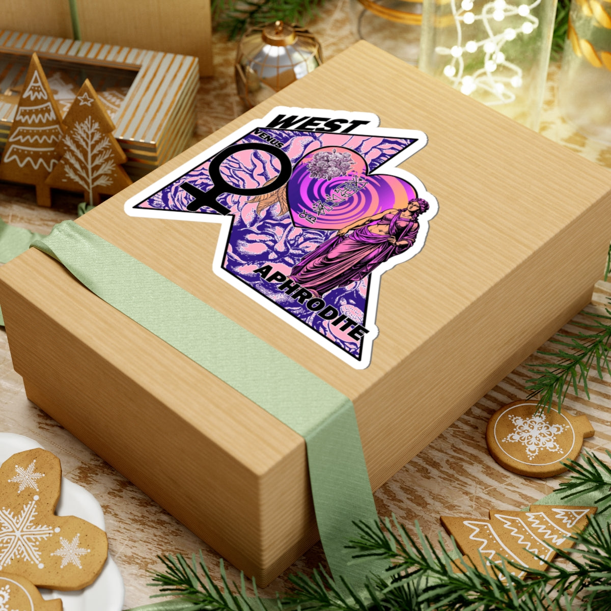 Aphrodite Venus Sticker — Retro Goddess Kiss-Cut Laptop Decal (West, Pink & Purple)