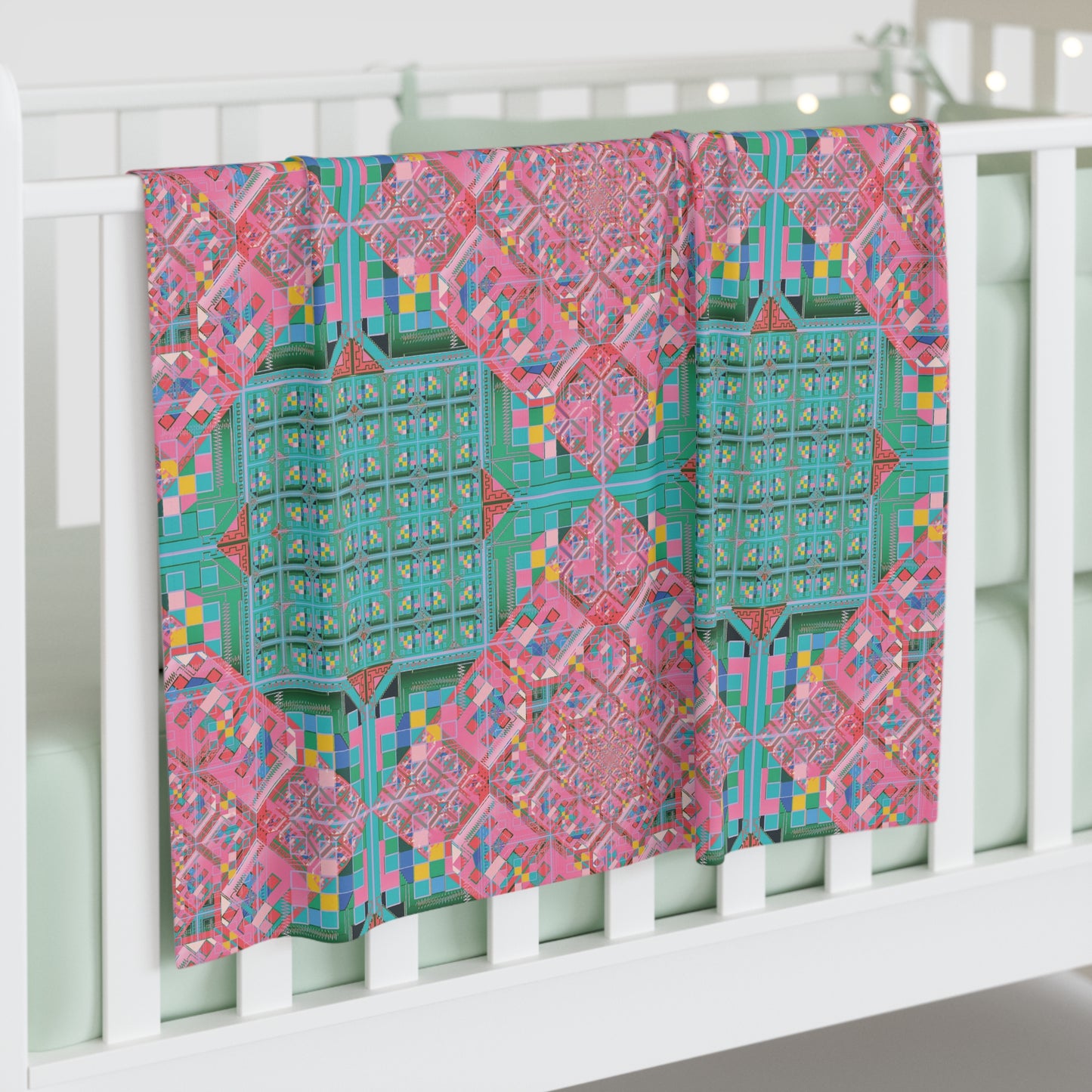 Pink & Teal Pixel Glitch Baby Swaddle — Geometric Tarot-Inspired Wrap