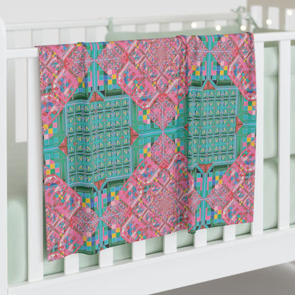 Pink & Teal Pixel Glitch Baby Swaddle — Geometric Tarot-Inspired Wrap