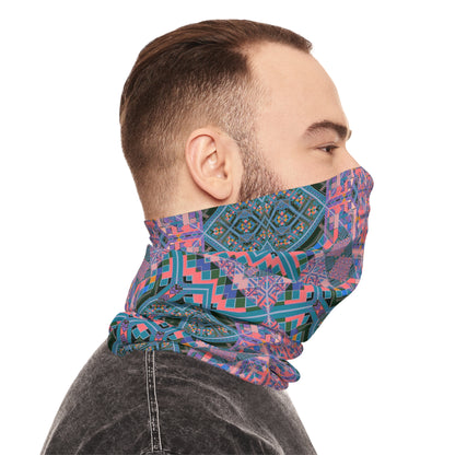 Geometric Mandala Neck Gaiter — Pink Teal Kaleidoscope