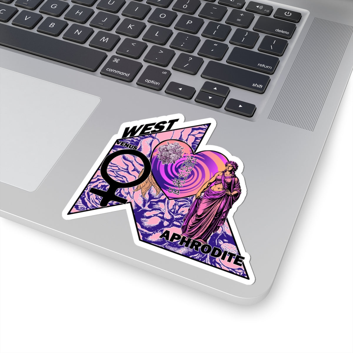Aphrodite Venus Sticker — Retro Goddess Kiss-Cut Laptop Decal (West, Pink & Purple)