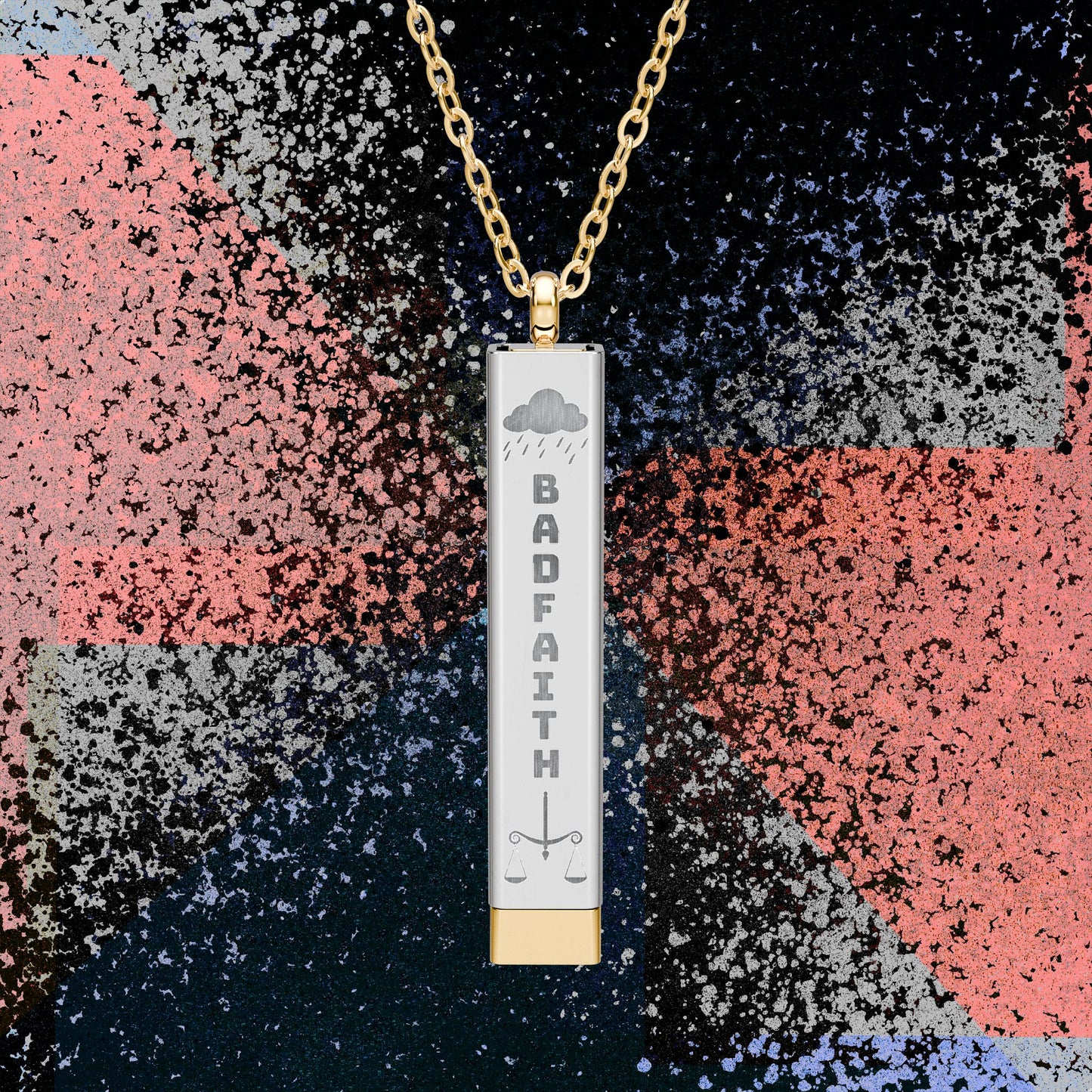 Hidden Message Sliding Bar Necklace — "BAD FAITH" Exterior with Saturn Sigil Engraving