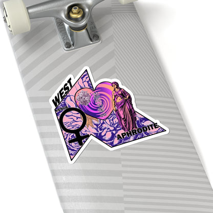 Aphrodite Venus Sticker — Retro Goddess Kiss-Cut Laptop Decal (West, Pink & Purple)
