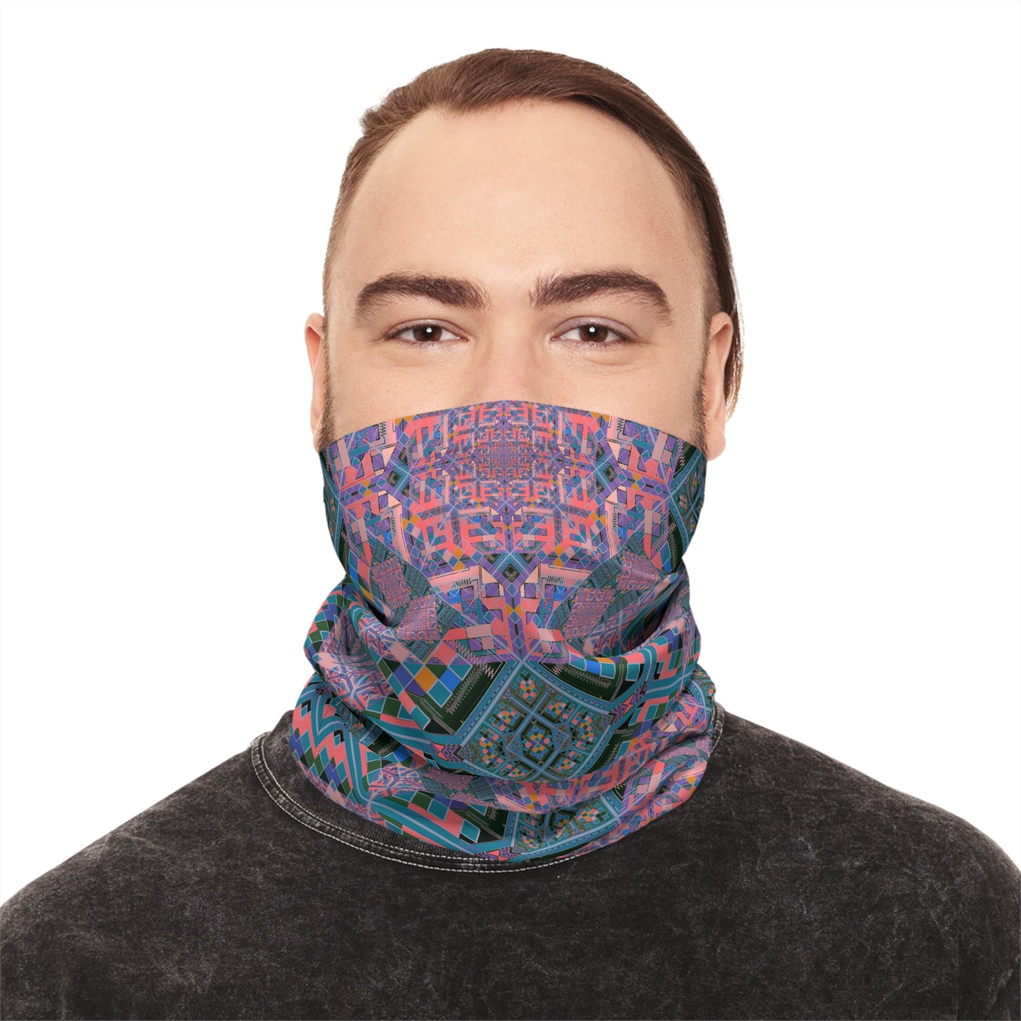 Geometric Mandala Neck Gaiter — Pink Teal Kaleidoscope