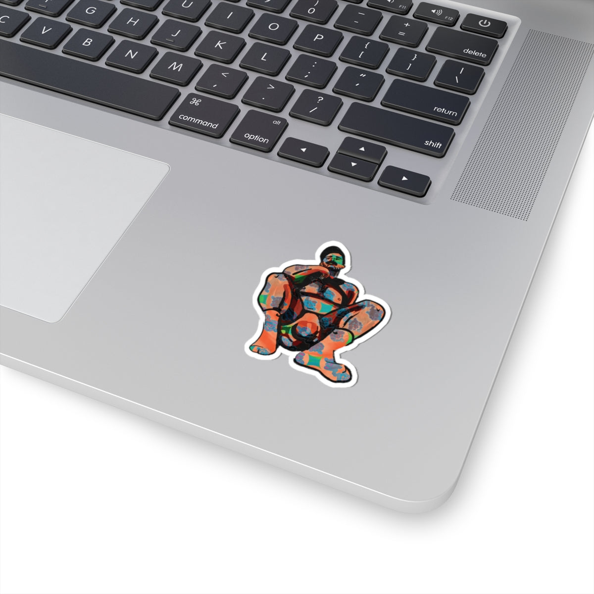 Bold Abstract Figure Kiss-Cut Sticker — Colorful Squatting Man Laptop Decal