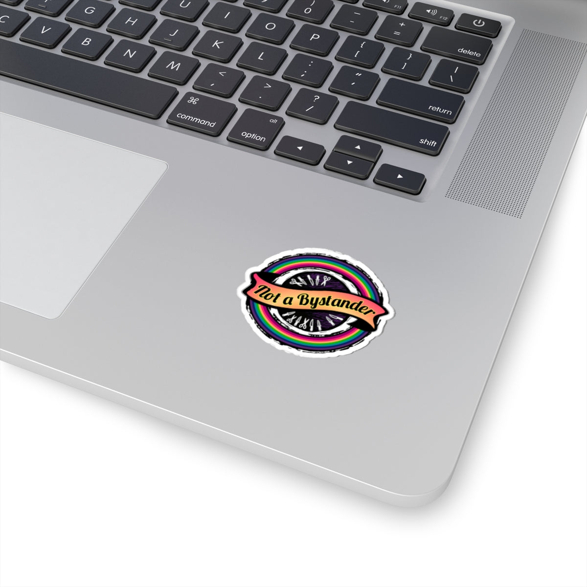 Not a Bystander Rainbow Circle Sticker — LGBTQ+ Ally & Hairdresser Support Kiss-Cut Sticker