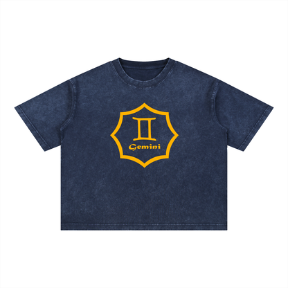 Gemini Zodiac Mineral Wash Boxy T-Shirt - Oversized Heavyweight Cotton Tee