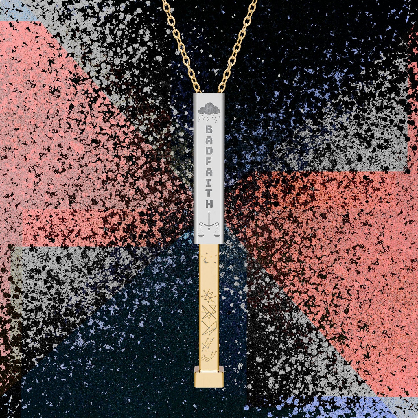 Hidden Message Sliding Bar Necklace — "BAD FAITH" Exterior with Saturn Sigil Engraving