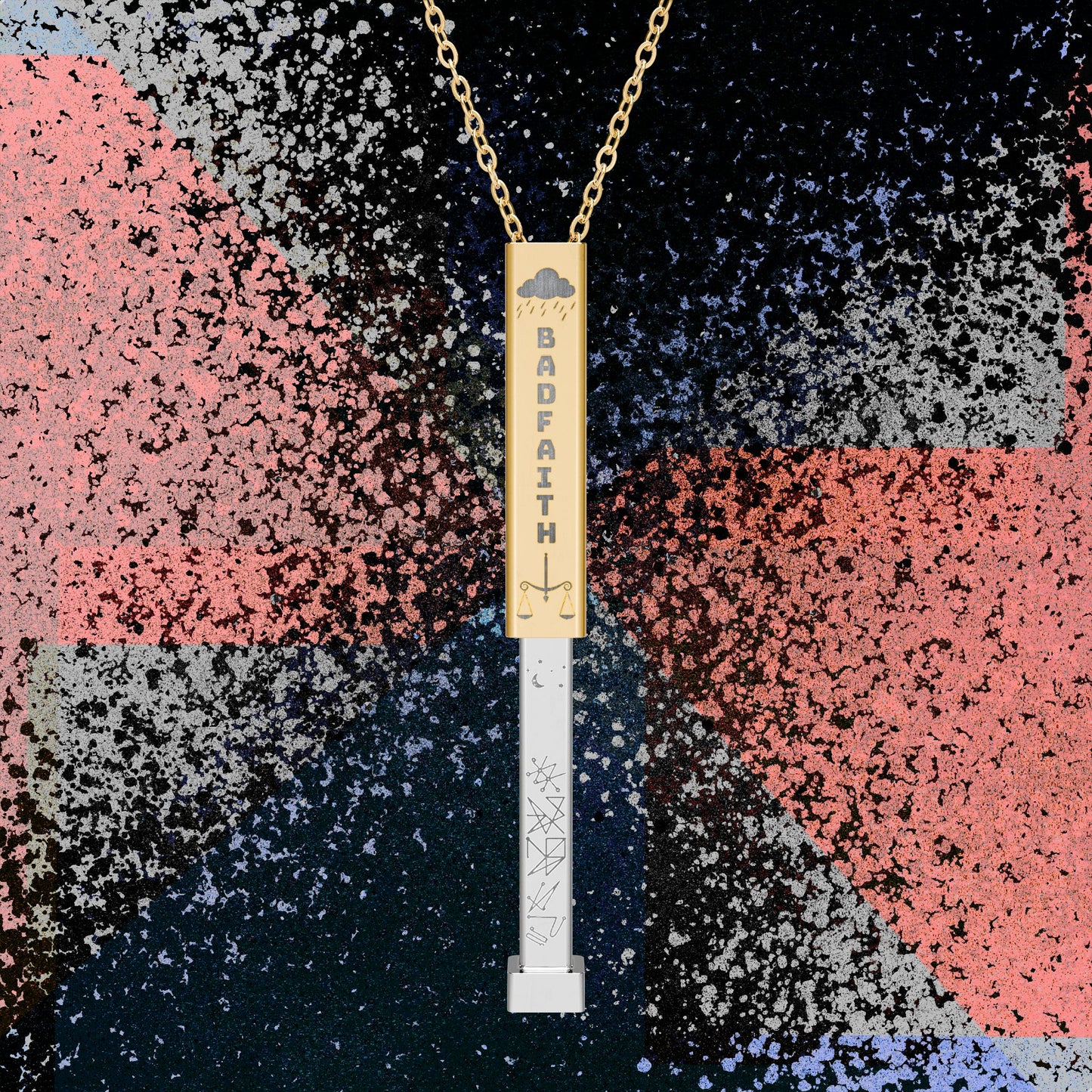 Hidden Message Sliding Bar Necklace — "BAD FAITH" Exterior with Saturn Sigil Engraving