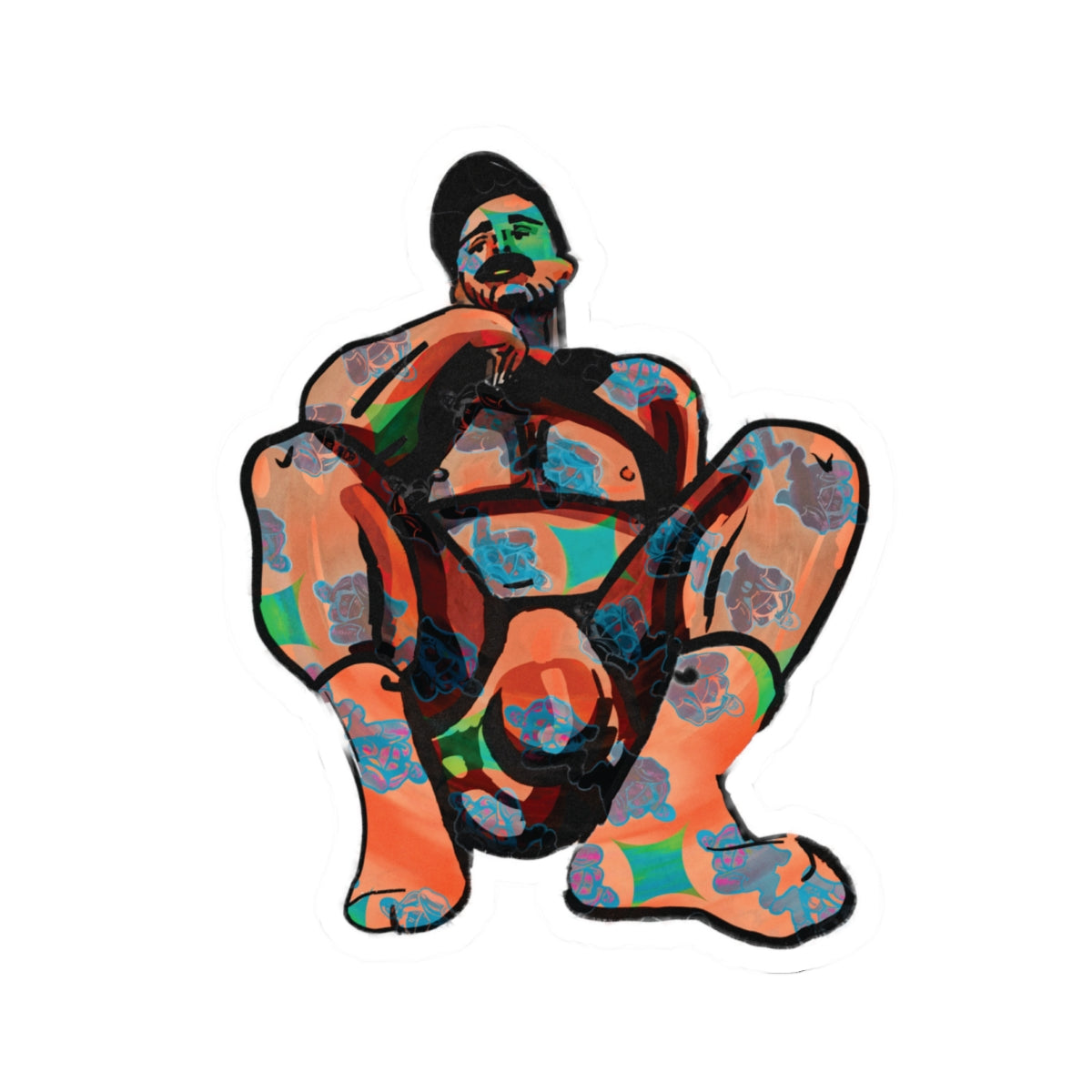 Bold Abstract Figure Kiss-Cut Sticker — Colorful Squatting Man Laptop Decal