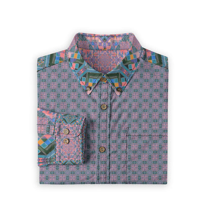 All-Over Print Men's Casual Lapel Long Sleeve Shirt|140GSM Slub Cotton