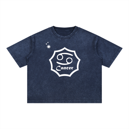 Cancer Zodiac Mineral Wash Boxy T-Shirt - Oversized Heavyweight Cotton Tee
