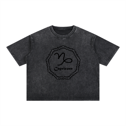 Capricorn Zodiac Mineral Wash Boxy T-Shirt - Oversized Heavyweight Cotton Tee