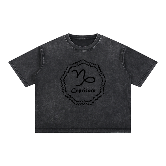 Capricorn Zodiac Mineral Wash Boxy T-Shirt - Oversized Heavyweight Cotton Tee