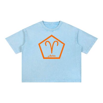 Aries Zodiac Mineral Wash Boxy T-Shirt - Oversized Heavyweight Cotton Tee