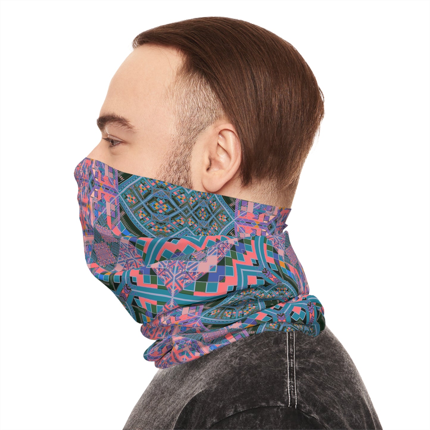 Geometric Mandala Neck Gaiter — Pink Teal Kaleidoscope