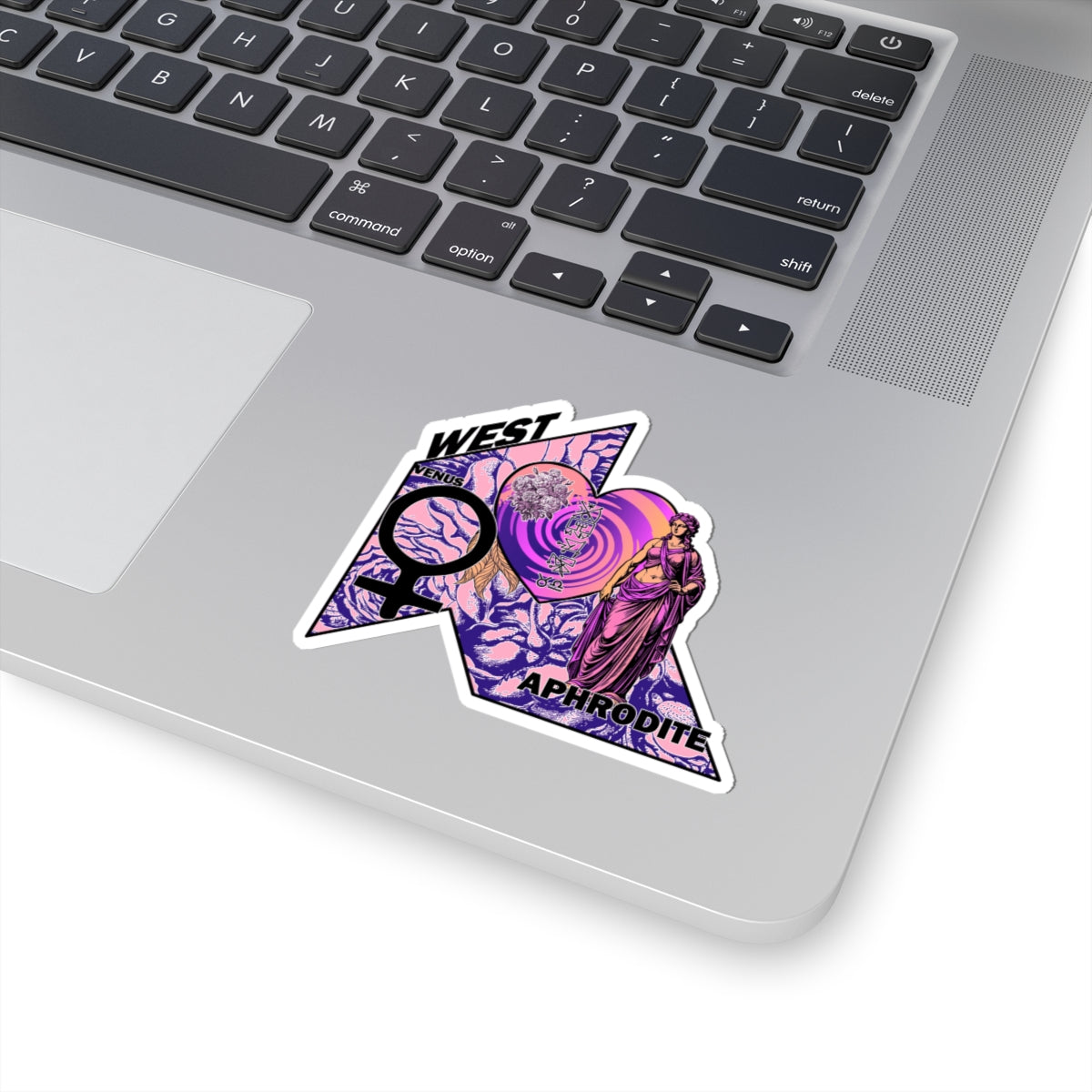 Aphrodite Venus Sticker — Retro Goddess Kiss-Cut Laptop Decal (West, Pink & Purple)