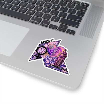 Aphrodite Venus Sticker — Retro Goddess Kiss-Cut Laptop Decal (West, Pink & Purple)