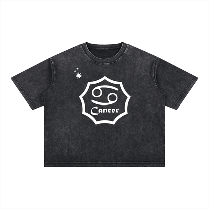 Cancer Zodiac Mineral Wash Boxy T-Shirt - Oversized Heavyweight Cotton Tee
