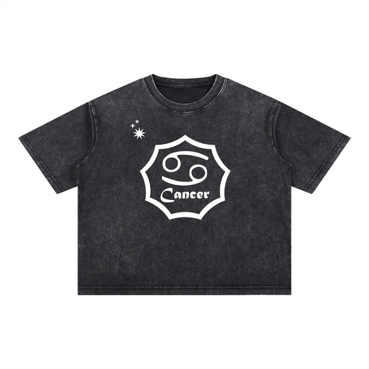 Cancer Zodiac Mineral Wash Boxy T-Shirt - Oversized Heavyweight Cotton Tee