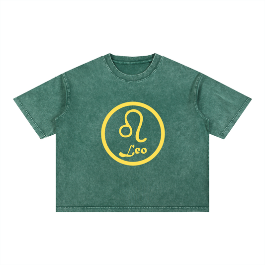 Leo Zodiac Mineral Wash Boxy T-Shirt - Oversized Heavyweight Cotton Tee