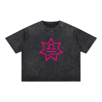 Libra Zodiac Mineral Wash Boxy T-Shirt - Oversized Heavyweight Cotton Tee