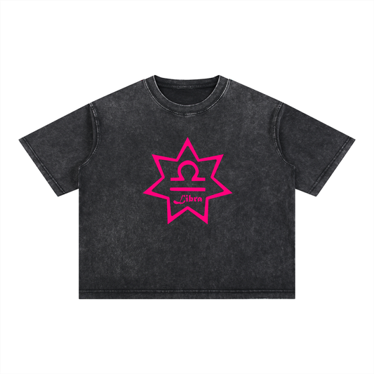 Libra Zodiac Mineral Wash Boxy T-Shirt - Oversized Heavyweight Cotton Tee