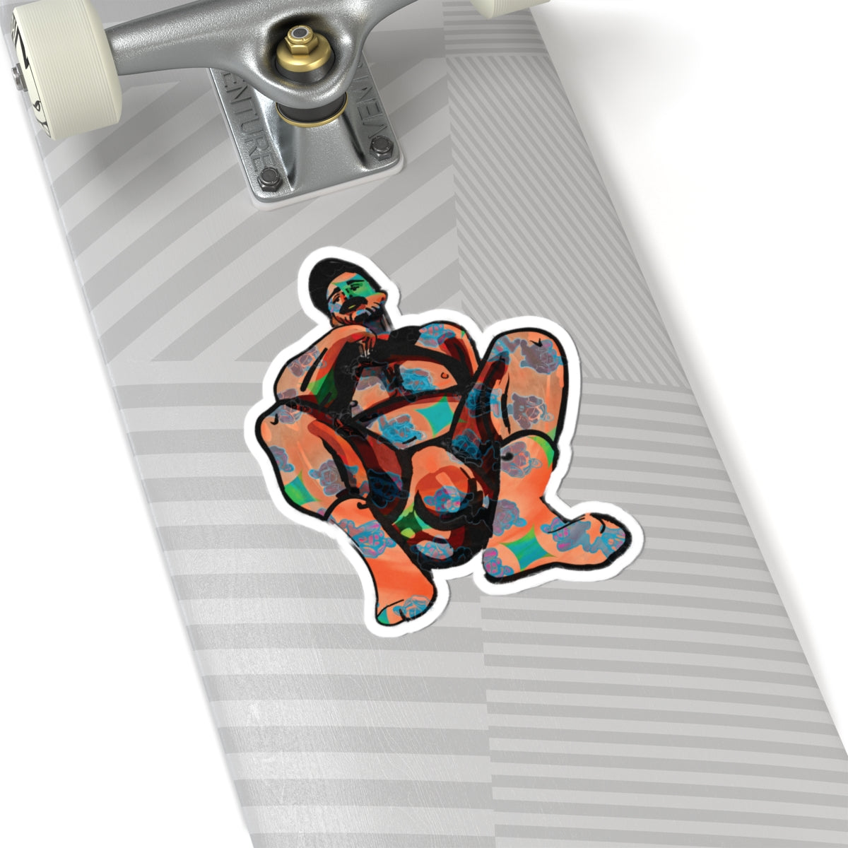 Bold Abstract Figure Kiss-Cut Sticker — Colorful Squatting Man Laptop Decal