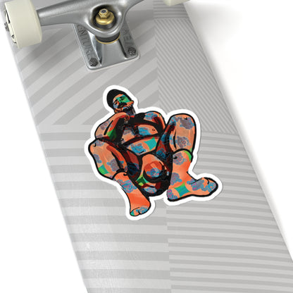Bold Abstract Figure Kiss-Cut Sticker — Colorful Squatting Man Laptop Decal