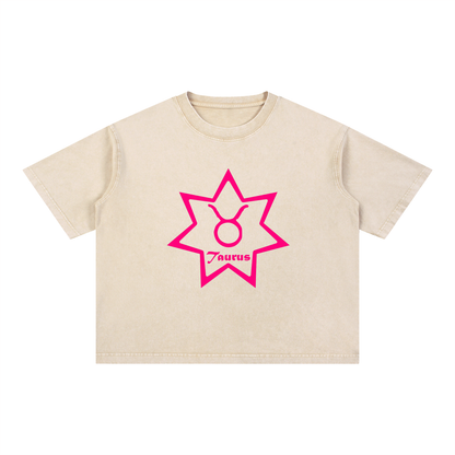 Taurus Zodiac Mineral Wash Boxy T-Shirt - Oversized Heavyweight Cotton Tee