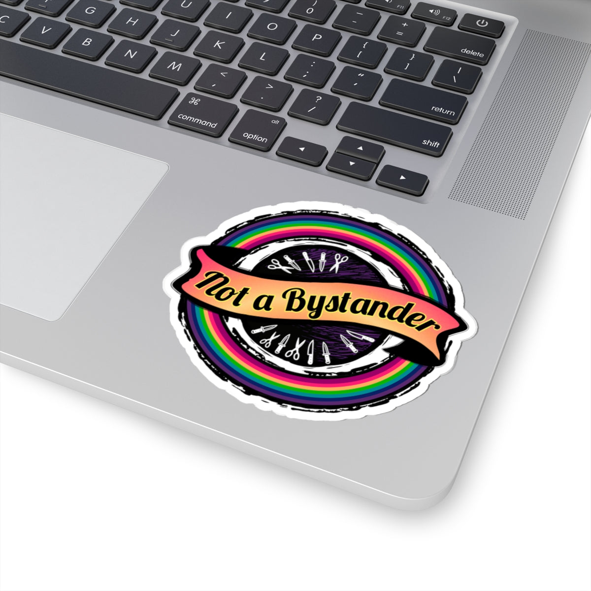 Not a Bystander Rainbow Circle Sticker — LGBTQ+ Ally & Hairdresser Support Kiss-Cut Sticker