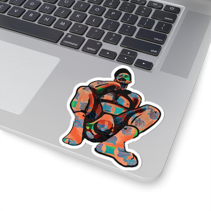 Bold Abstract Figure Kiss-Cut Sticker — Colorful Squatting Man Laptop Decal
