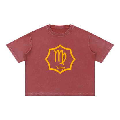 Virgo Zodiac Mineral Wash Boxy T-Shirt - Oversized Heavyweight Cotton Tee