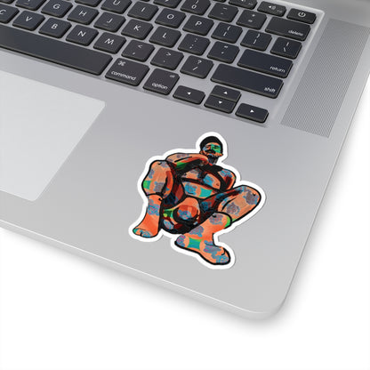 Bold Abstract Figure Kiss-Cut Sticker — Colorful Squatting Man Laptop Decal