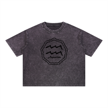 Aquarius Zodiac Mineral Wash Boxy T-Shirt - Oversized Heavyweight Cotton Tee
