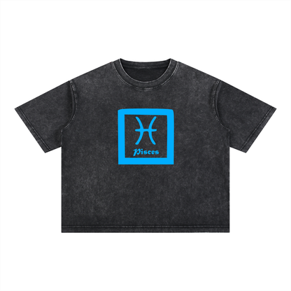 Pisces Zodiac Mineral Wash Boxy T-Shirt - Oversized Heavyweight Cotton Tee