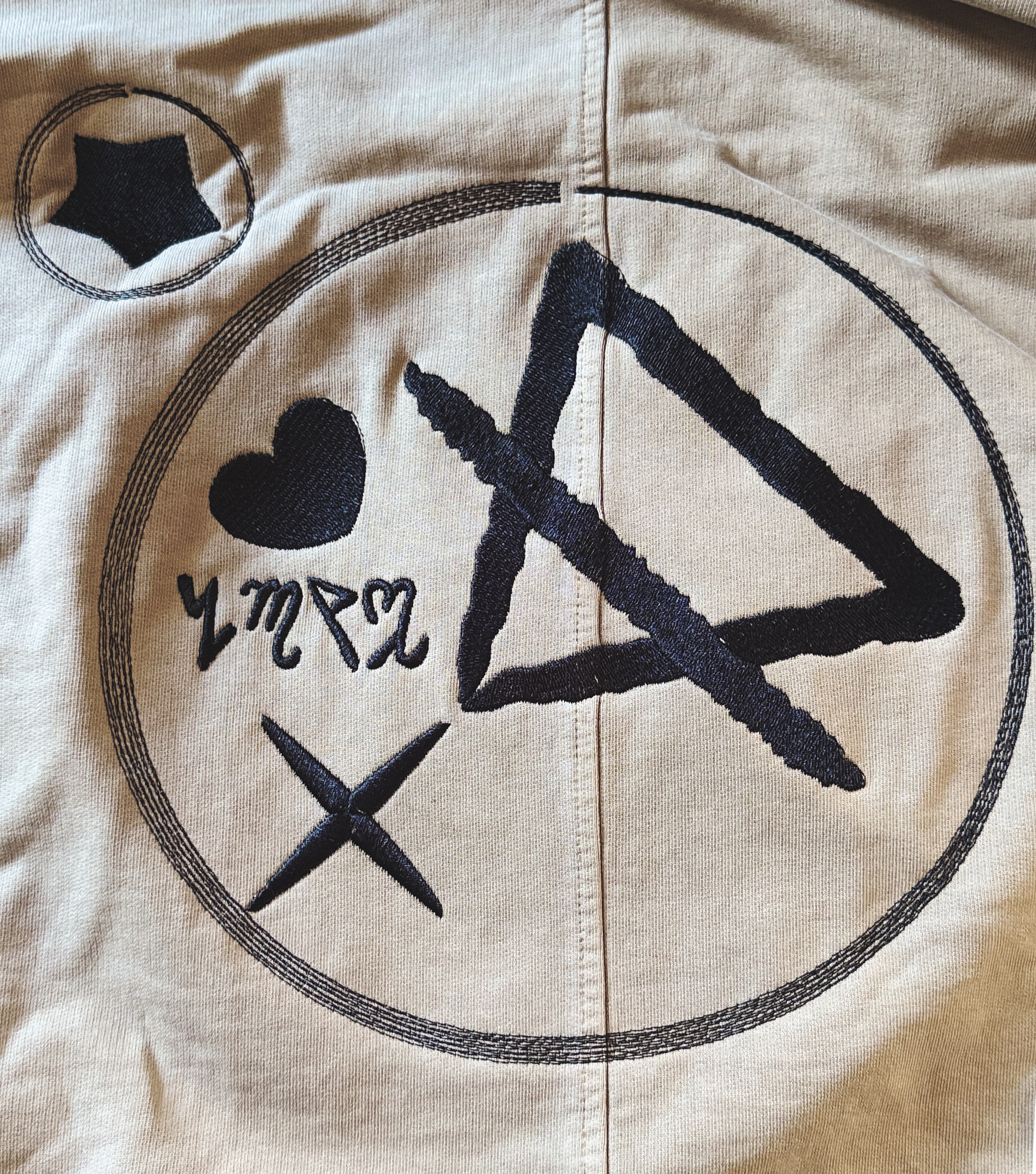 Saturn Stars Embroidered Hoodie in neutral grey – back view showing occult star sigil design, Bouncing Soaps