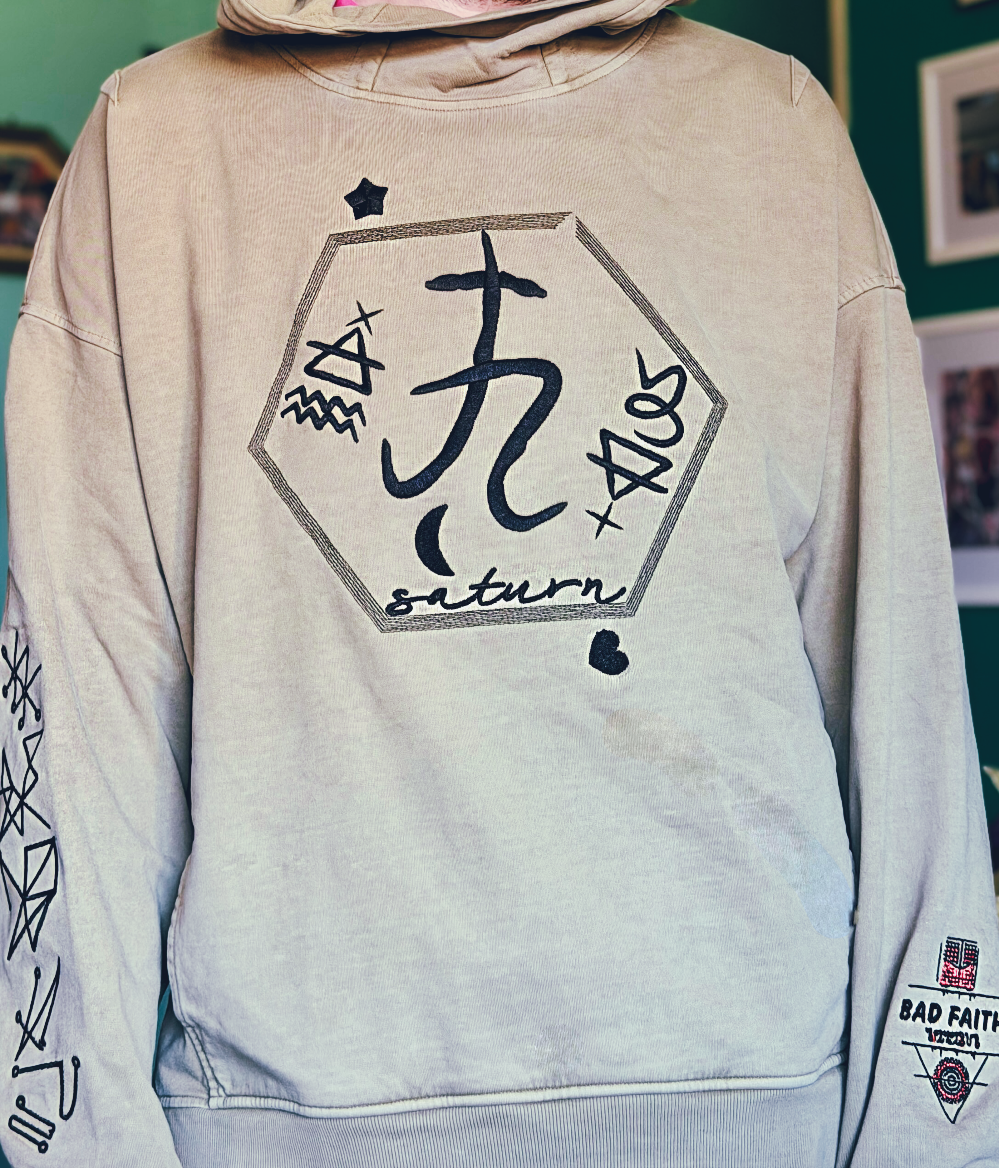 Saturn Stars Embroidered Hoodie – occult sigil embroidery on khaki washed cotton, Bouncing Soaps streetwear