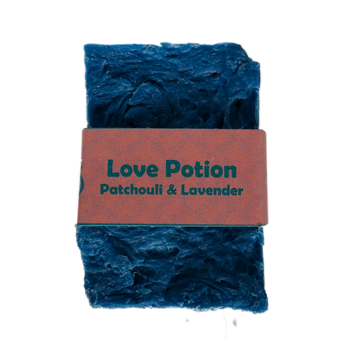 Single bar of Love Potion Patchouli and Lavender handmade soap by Bouncing Soaps showing rustic blue texture
