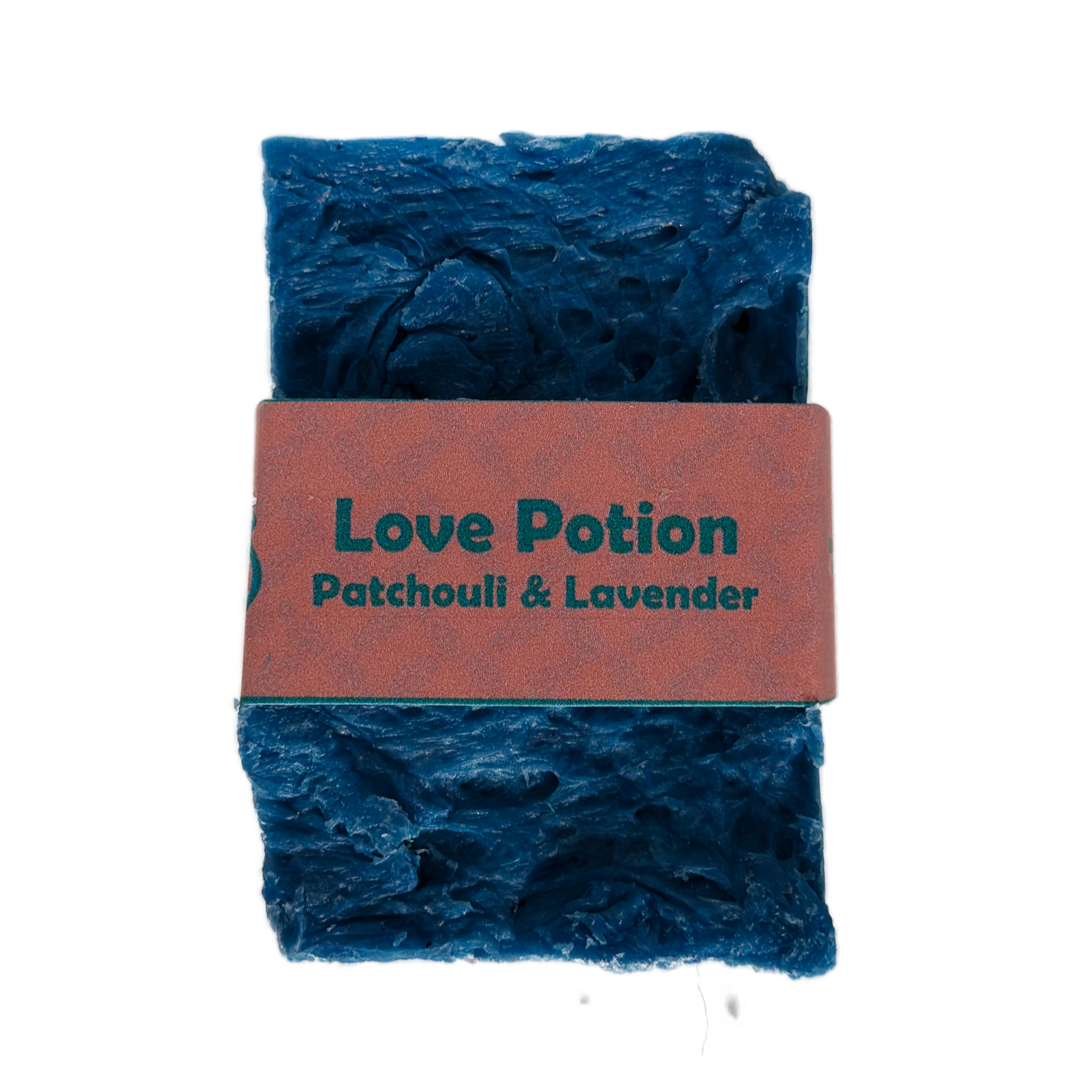 Single bar of Love Potion Patchouli and Lavender handmade soap by Bouncing Soaps showing rustic blue texture
