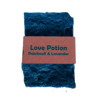 Single bar of Love Potion Patchouli and Lavender handmade soap by Bouncing Soaps showing rustic blue texture
