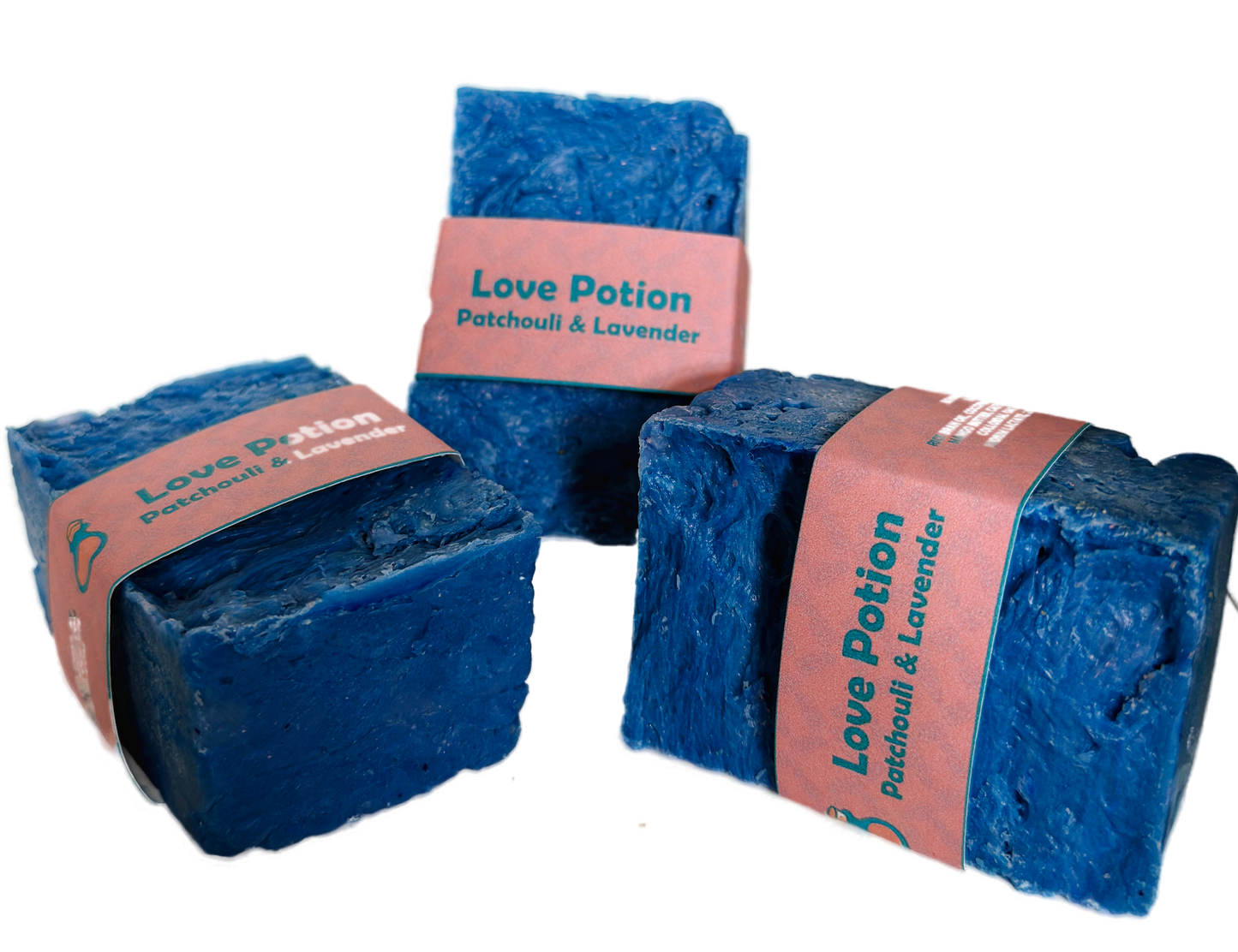 Three bars of Love Potion Patchouli and Lavender handmade soap by Bouncing Soaps with blue color and pink label on white background