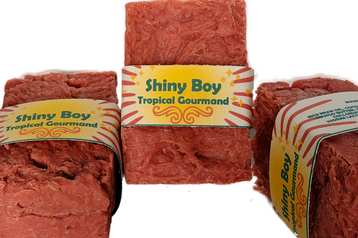 Three Shiny Boy coral soap bars grouped together on a white background, featuring the bold retro yellow sunburst label design