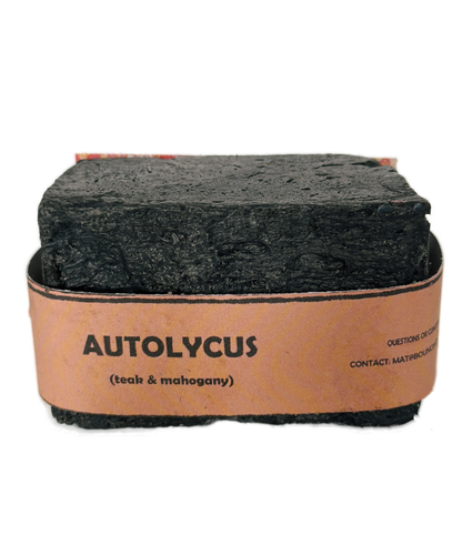 Single bar of Autolycus handmade soap by Bouncing Soaps showing dark black texture